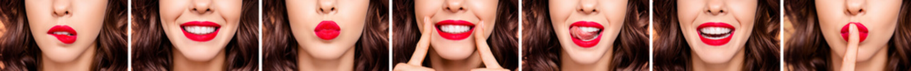 Cropped panorama picture of gorgeous lady enjoy dentistry cure body skin care pouting lips isolated...