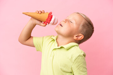 Little Russian boy with a cornet ice cream over isolated background