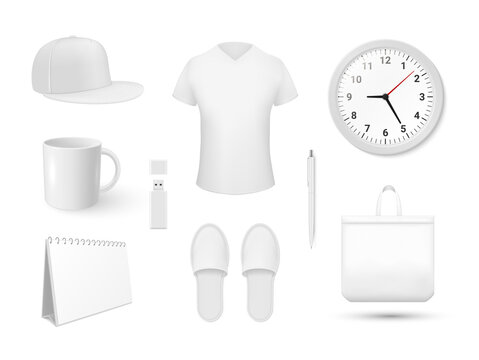 White Blank Merchandising Items Set Realistic Vector Illustration. Promotional Corporate Branding