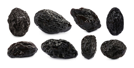 Set with sweet dried prunes on white background. Banner design