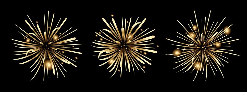 Fireworks are golden on a black background. A set of festive fireworks. Vector