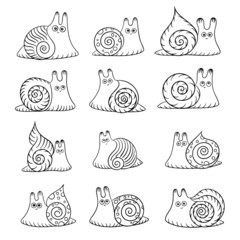 Set of cartoon snails. Cute snails characters collection. Monochrome animal icons.  Funny snail with house. Design for kids. Cartoon slug, mollusk with shell. Snail isolated on white background.
