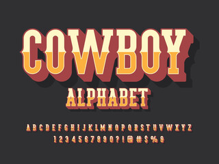 Vintage wild west western alphabet design with uppercase, lowercase, numbers and symbols - obrazy, fototapety, plakaty