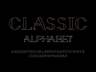 Vector of stylized modern elegant alphabet design with uppercase, lowercase, numbers and symbols