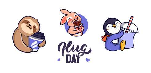 The set of stickers animals hugging food is good for hug day. The logo sloth, bunny, penguin in love is good for holiday designs. The cartoon is a vector illustration © Olesia