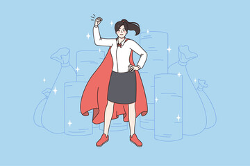 Superpower and feeling string concept. Young smiling business woman wearing red cape standing feeling powerful and successful vector illustration 