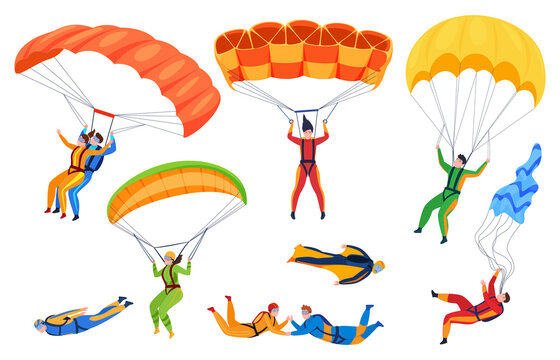 Man and woman parachutists set vector flat illustration. Parachute skydivers jumping, flying