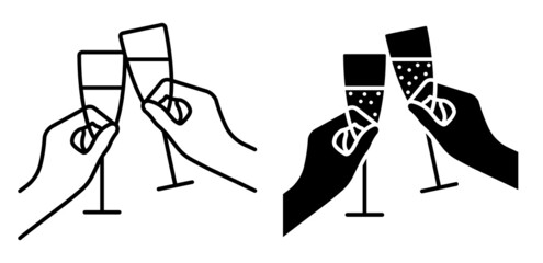 Linear icon. Glasses with festive sparkling champagne in hands. Cheers with glasses at New Year table. Simple black and white vector isolated on white background © RNko