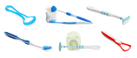 Set with different tongue scrapers, dental floss and toothbrushes on white background. Banner design - obrazy, fototapety, plakaty