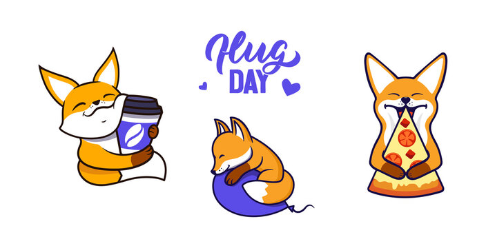The set of animals hugging food s is good for hug day, stickers. The logo little fox love pizza, coffee, the balloon is good for holiday designs. The cartoon is a vector illustration - Powered by Adobe