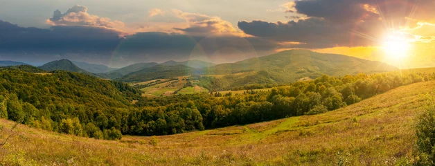  Karpaten platteland in september bij zonsondergang. prachtig berglandschap met grasveld op glooiende heuvel in avondlicht. landelijke omgeving met dorp in de verre vallei. wolken aan de hemel © Pellinni