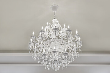 chandelier Palace Interior architecture background. Luxury expensive chandelier hanging under ceiling in palace. Luxurious crystal chandelier found in a rich manor house