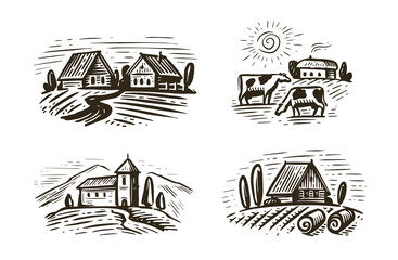 Farm emblems set on white background. Agriculture, farming concept vector illustration