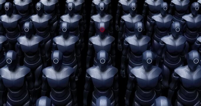 Group Of Metal High Tech Warrior Robots Walking Slowly. Technology Related Abstract 3D Concept Animation.