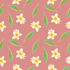 Seamless pattern of plumeria flowers on  pale violet red background. For fabric, sketchbook, wallpaper, wrapping paper.