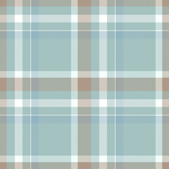 Seamless plaid pattern in dusty robin egg blue, soft brown and white. All over fabric print.