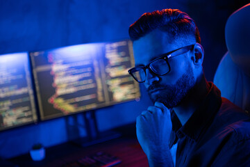 Profile portrait of serious minded person arm touch chin decide solution late night loft room space