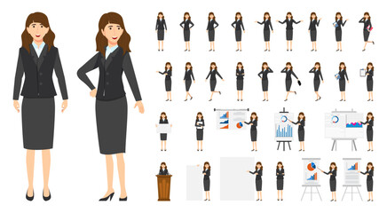 Fototapeta premium Cute businesswoman character set with different pose doing different actions jumping standing with presentation board with sales graph chart podium isolated posing