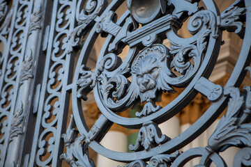 Details of the ornament depicting a lion and swords of the forged lattice of the Hermitage in St....