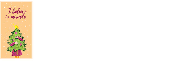 New Year or Christmas vector. The image of a girl in the arms of a Christmas tree is a symbol of the New Year. To believe in the miracle - magic of Christmas night.