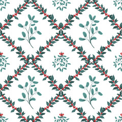 Vector Christmas seamless pattern with branches of mistletoe and ilex, holly. Design for fabric, wrapping paper, print, holidays decoration. Winter plants and berries template.