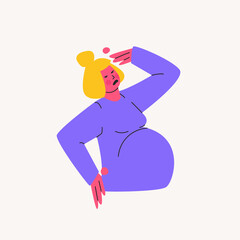 Pregnant woman holding her back because of pain. Problems associated with expecting a baby, back pain, migraines. Vector cartoon illustration of purple, yellow, pink colors.
