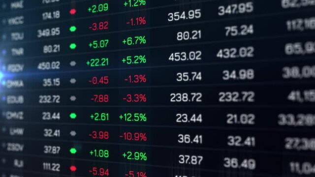 Stock market Exchanges Volume Leaders Digital Tableau. Trader interface with company tickers with rising and falling prices. Business and finance 3d render. Cryptocurrencies market growth