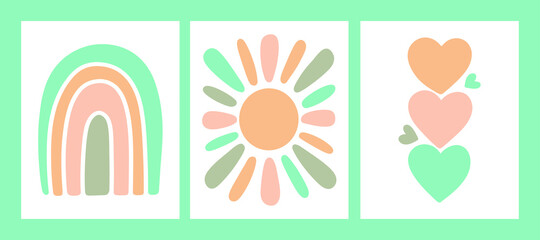 Set of Nursery Art Neutral Pastel Scandinavian Vector Illustration Rainbow Hearts and Sun