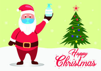 Vector illustration of Santa Claus cartoon character holding sanitizer spray for safety in this Christmas time and wishing happy Christmas. Santa Claus wearing mask and with a gift of hand sanitizer. 