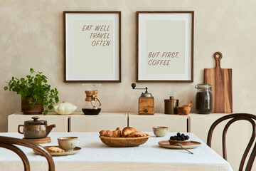 Elegant composition of stylish dining room intrerior with mock up poster frames, beige sideboard,...