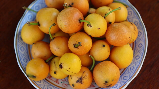 Bacupari, fruto tropical encontrado em todo o Brasil, na natureza e exposto em um recipiente de lou&ccedil;a