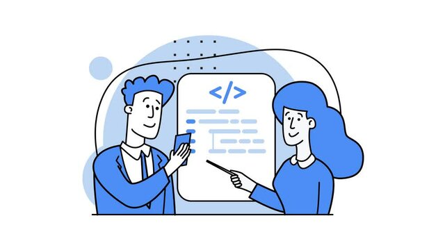 Concept of script coding, programming. A programming language. Programmer working on web development on computer. Software developers. Workplace of the programmer. 2d Flat animation. Looped video.