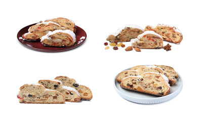 Set with traditional Christmas Stollens on white background