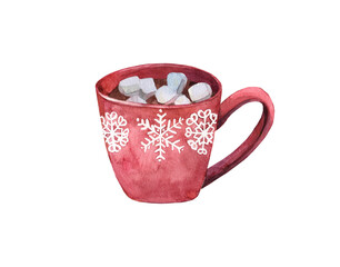 Watercolor set, red Christmas mugs with cocoa, coffee and marshmallows, striped lollipops, suitable for cards, and clipart