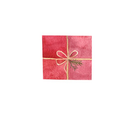 Watercolor illustration, red box, christmas gift with ribbon, suitable for postcards, and clipart