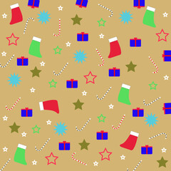 Cute and seamless christmas pattern with vector drawn elements. decorated with t-shirts, gifts, flowers and stars on a brown background