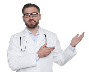 Portrait of young doctor on white background