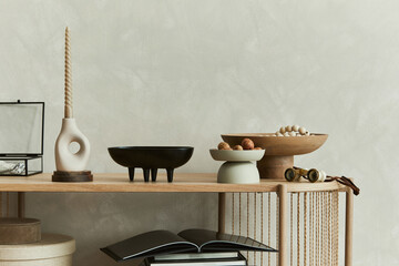 Creative composition of stylish living room interior..Candlectick, trays and personal accessories. Copy space. Template.