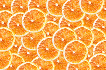 Dry orange slices background. Orange fruit cut texture. Citrus section pattern. Vibrant color summer design. Healthy fruit for immunological system backdrop. Christmas decoration and food ingredient.