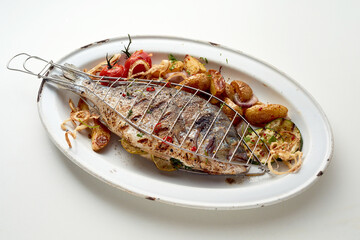 Grilled fish and vegetables with potatoes placed on white plate