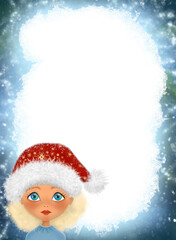 Christmas card with a girl in a santa hat and copy space for text. Stock illustration.