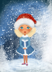 Christmas and New Year card, poster with a girl in a Santa hat on a winter snowy background with Christmas trees. Stock illustration.