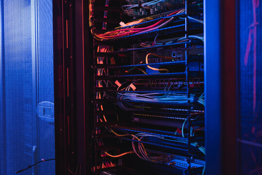 wires in open server in data center, cyber security concept