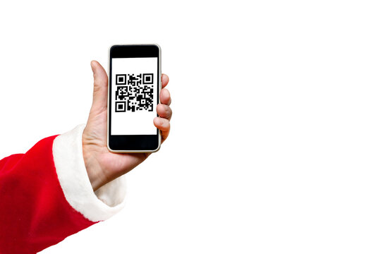 Santa show phone screen with QR code vaccinated COVID-19 isolated on white