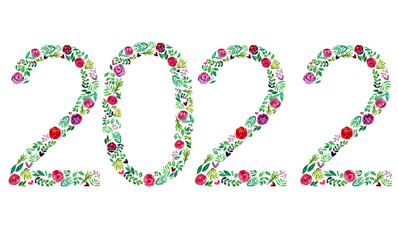 Watercolor floral numbers of 2022 new year. Hand draw flowers in numbers silhouette. New spring summer season 2022. Design for photo frames, labels, covers, wrapping paper 