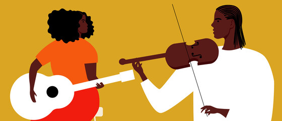 African couple musicians, black history month, flat vector stock illustration of how creativity of people with black skin, violinist and guitarist or black couple playing music