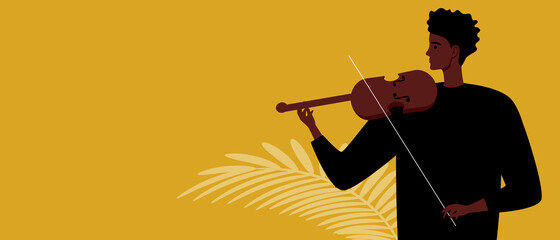 African musician with violin, black history month, flat vector stock illustration or copy space template or backdrop with creativity of people with black skin, violinist