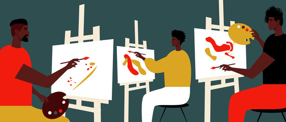 African Artists, achievements of african people, Flat vector stock illustration with Artists Community or Black Skin People draw