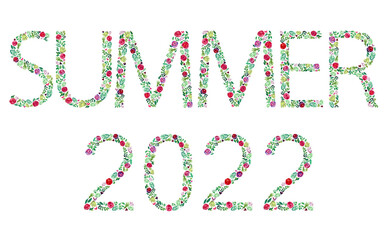 Watercolor floral text season summer 2022. Hand draw flowers in letters and numbers silhouette. New summer season 2022. Design for photo frames, labels, covers, wrapping paper 