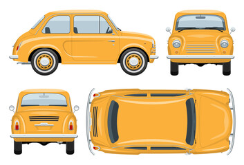Vintage car vector template with simple colors without gradients and effects. View from side, front, back, and top